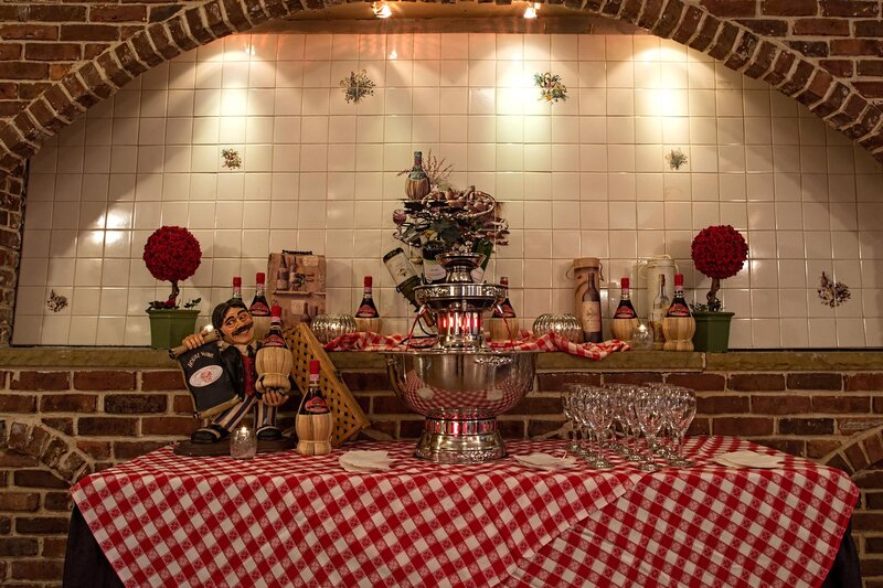 Decorations on red and white tablecloth